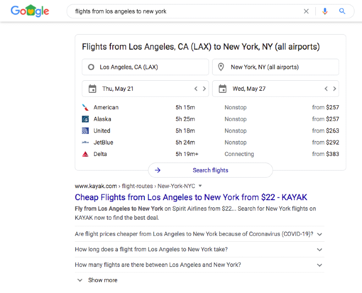 Google SERP with flight comparison functions.