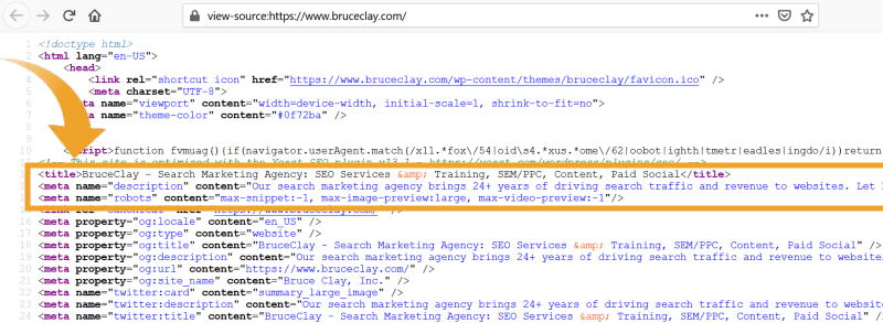 Meta tags in HTML of the BruceClay.com homepage.