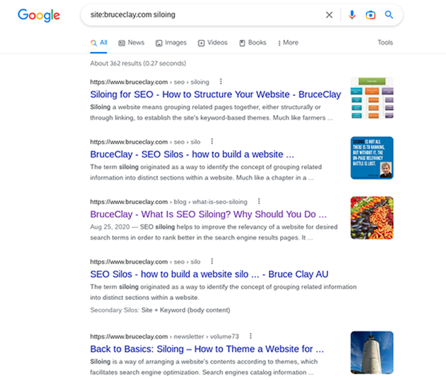 Google search results of bruceclay.com site search for siloing.