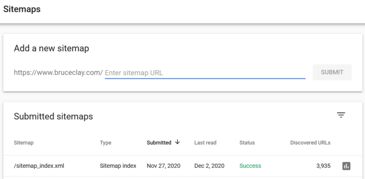 Sitemaps report in Google Search Console.