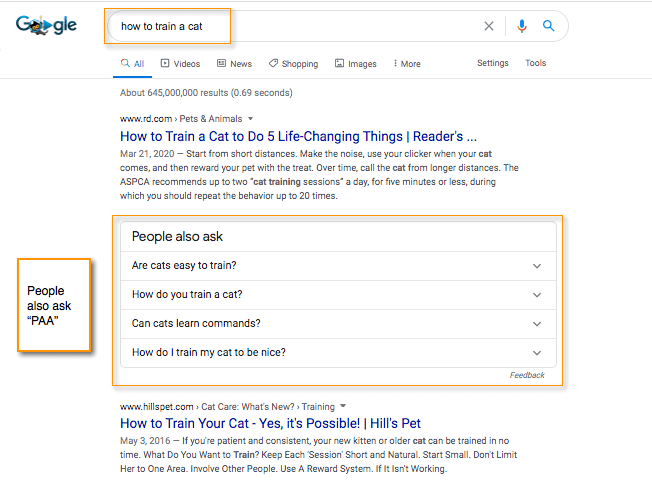 People also ask section on Google SERPs.