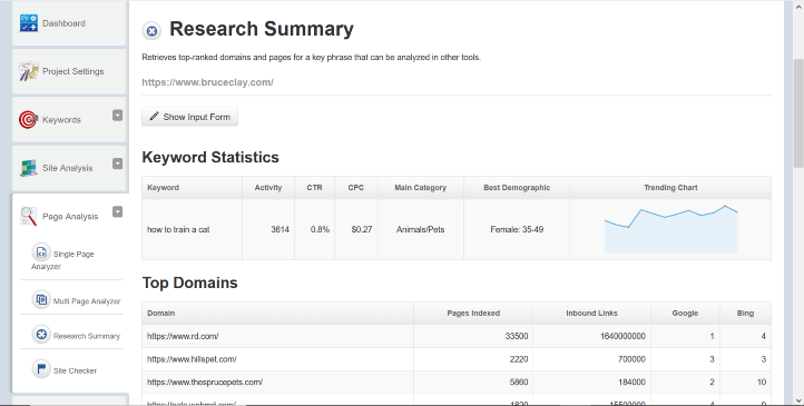 Research Summary report in the SEOToolSet.