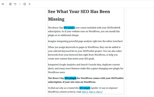 Keyword distribution visualized in Bruce Clay SEO plugin.