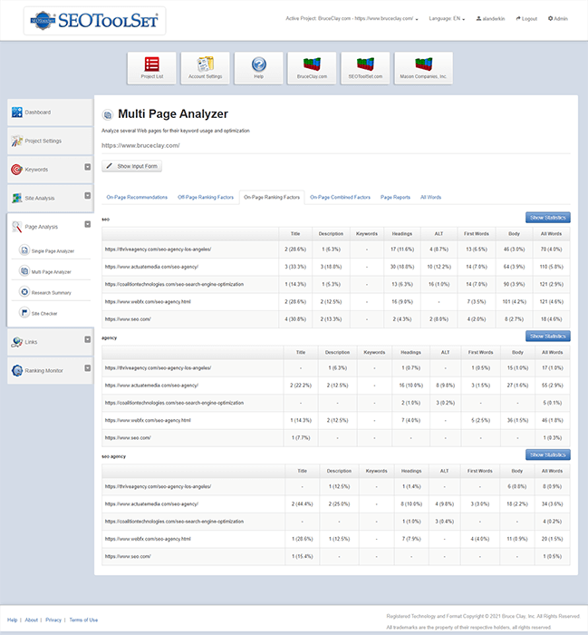Faktor peringkat di halaman di alat SEOToolSet MultiPage Analyzer.