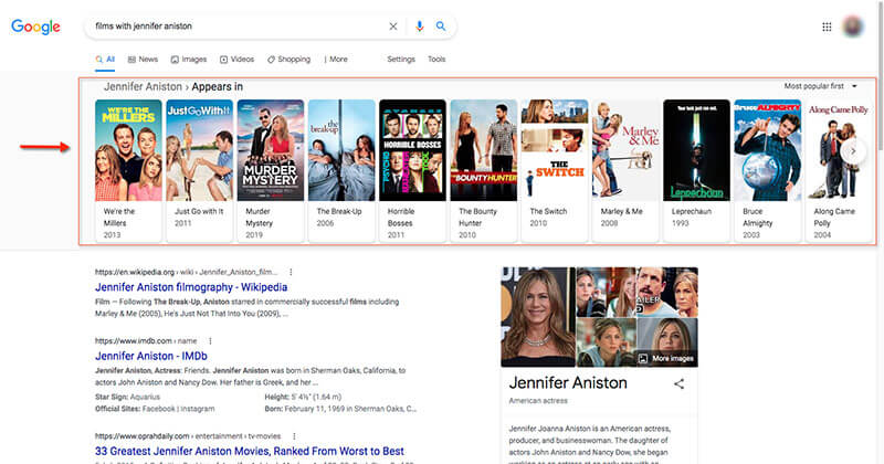 A Google SERP displaying carousel of Jennifer Aniston films.
