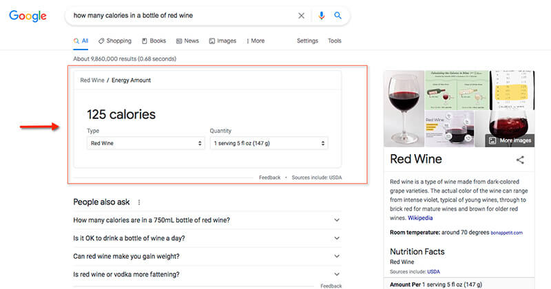 A Google knowledge card example of the query "how many calories in a bottle of red wine."
