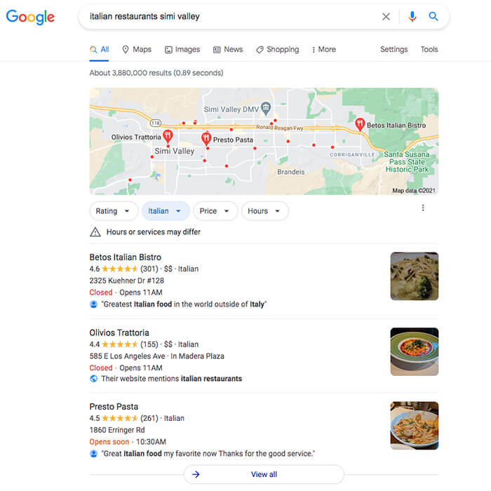 Google local pack example displaying local results for Italian restaurants in Simi Valley, California.