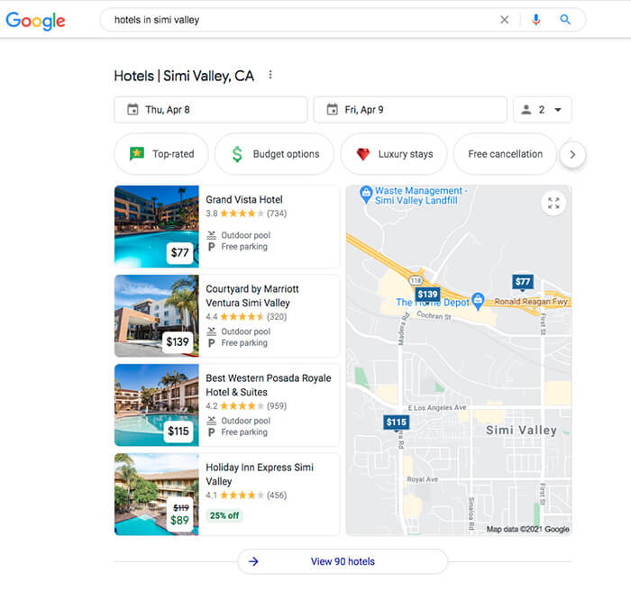 Local teaser example showing results for hotels in Simi Valley, California.