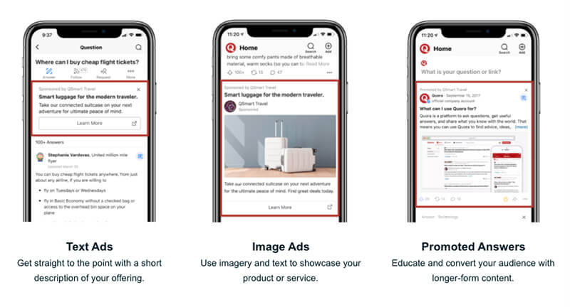 Quora native ad types include text, image or promoted answers.