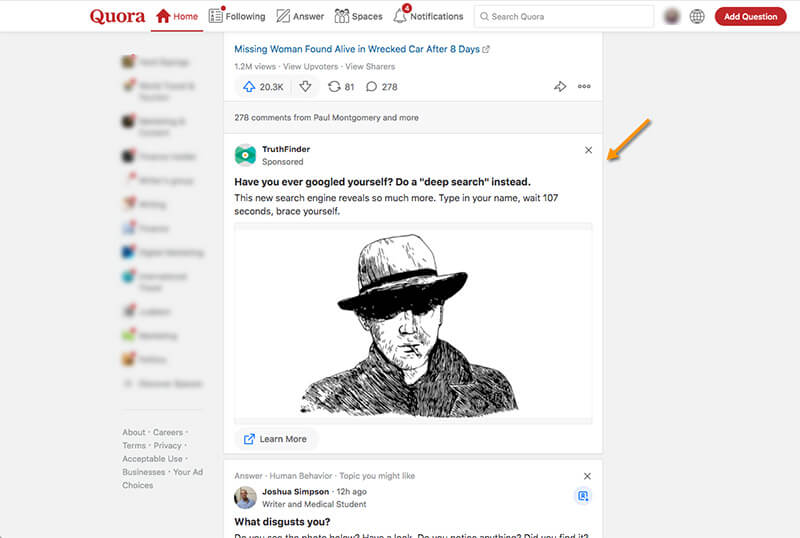 Screenshot showing a native image ad in Quora.