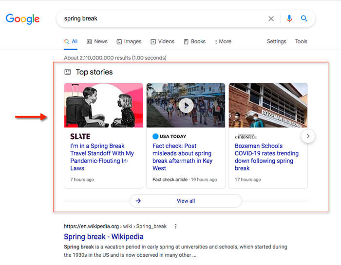 News snippet example showing results for spring break.
