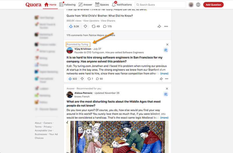 Screenshot showing a promoted answer in Quora's feed.
