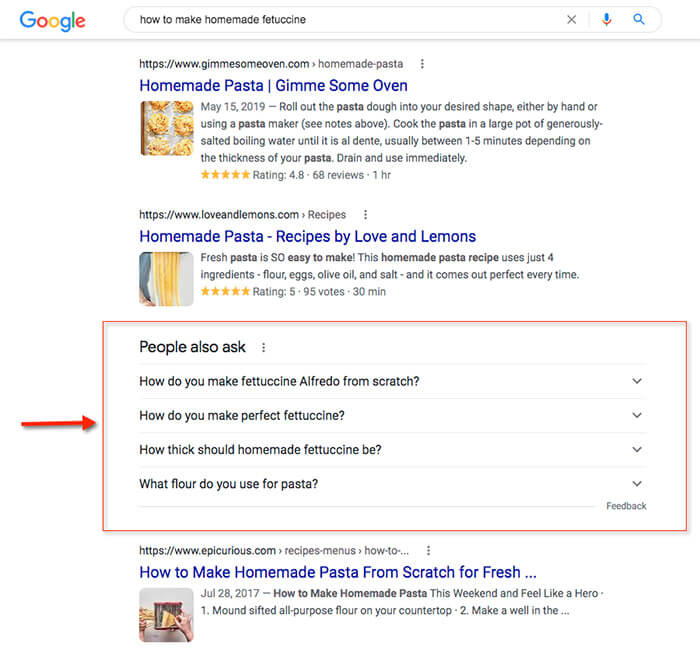 Related questions section presents list of common queries related to the query "how to make homemade fettuccini."