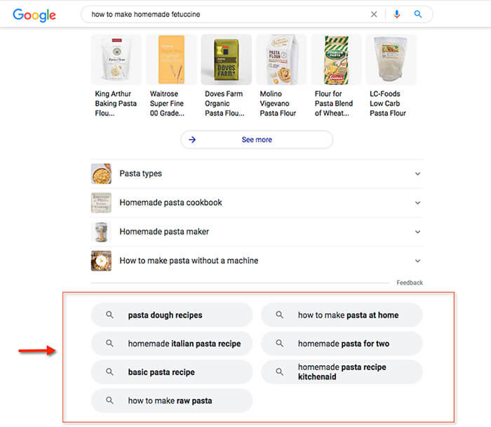 Related search results section for the query "how to make homemade fettuccine."