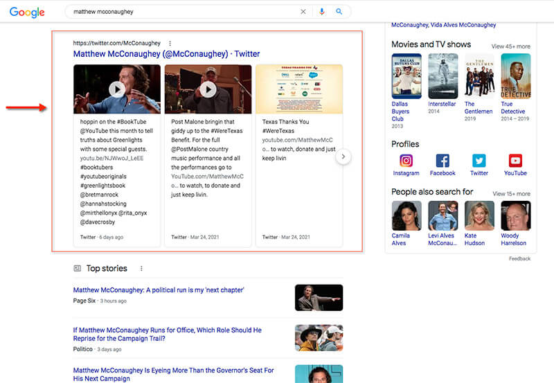 Twitter results displayed for the query "Matthew McConaughey."