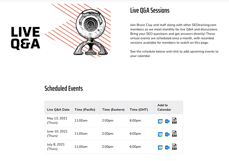 Live Q&A session schedule at SEOtraining.com.