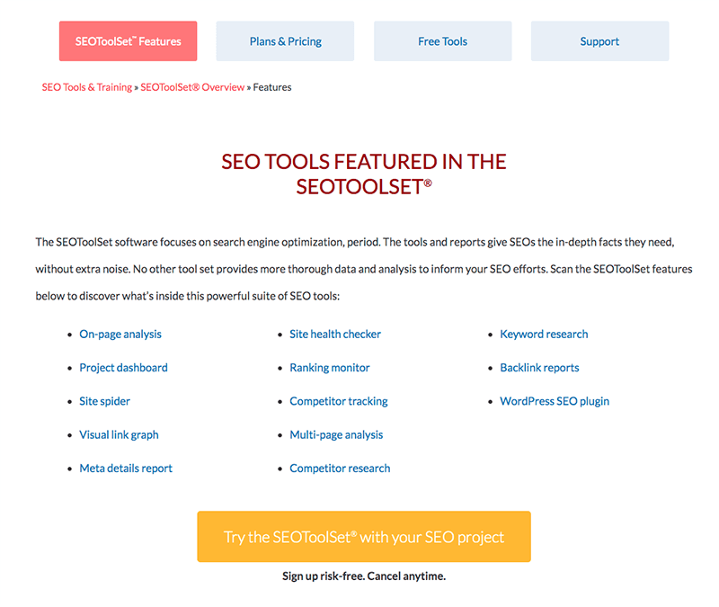 Screenshot of SEOToolSet features at SEOToolSet.com.