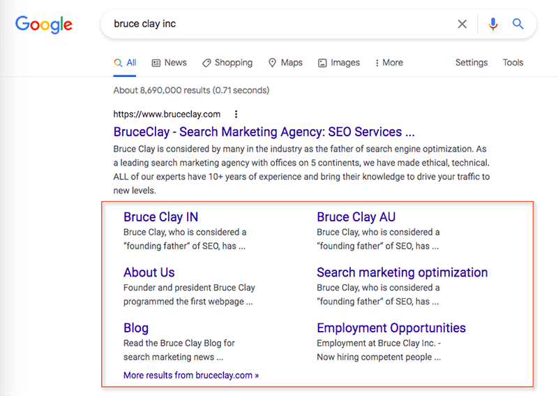 Google search listing for BruceClay.com displays vertical, two-column sitelinks.