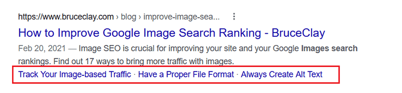 Sitelinks for BruceClay.com article in SERP result for “image search ranking.”