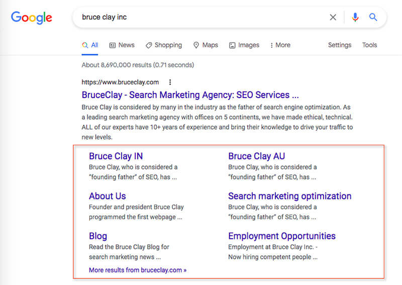 Google sitelinks for BruceClay.com’s search listing for the search “bruce clay inc.”