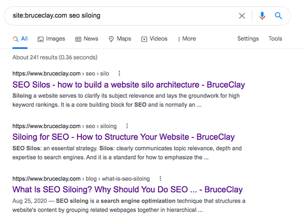 Google results for a site: search on BruceClay.com.