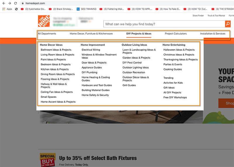 HomeDepot.com main navigation menu links.