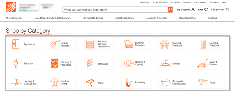 HomeDepot.com main navigation links from homepage.