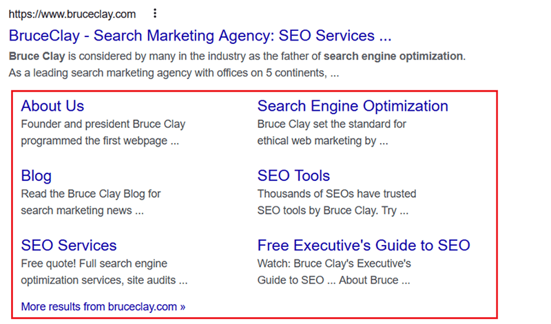 Google displays sitelinks for the query "bruce clay seo."