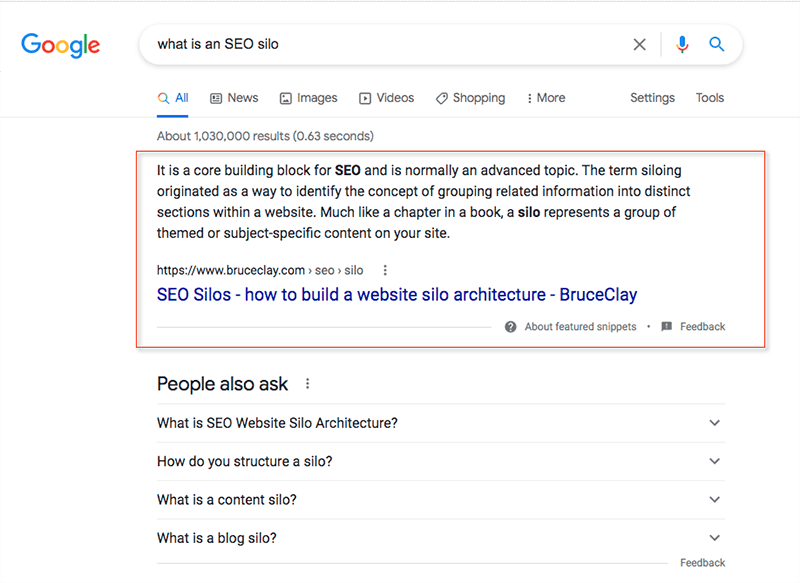 Featured snippet for the query “what is an SEO silo.”