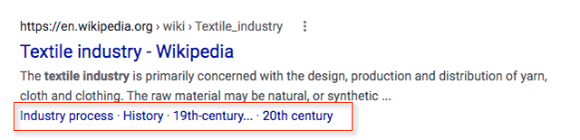 Horizontal row of sitelinks for Wikipedia.com entry.