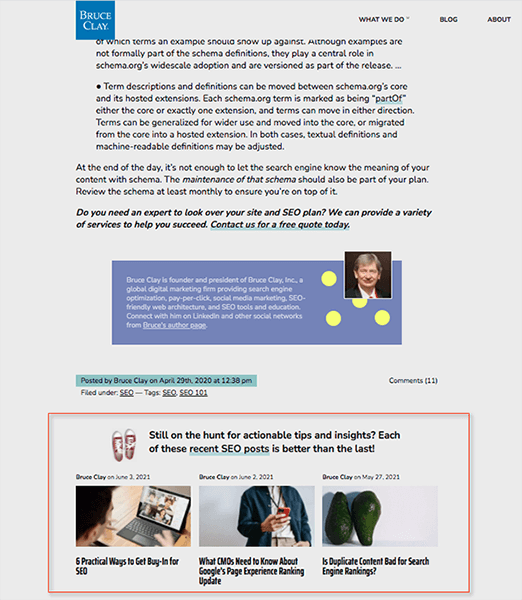 “Related content” block at the end of an article at BruceClay.com/blog.