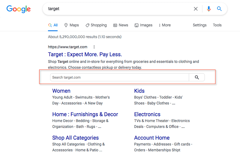 Sitelinks search box showing for Target.com search listing.