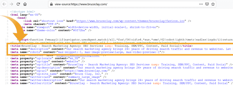 Screenshot of HTML code for BruceClay.com homepage.