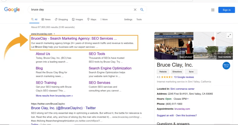 Search engine results listing for the BruceClay.com homepage.