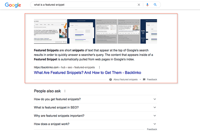 Screenshot of SERP for the query 'what is a featured snippet.'