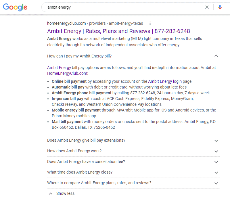 Example of FAQ featured snippet in Google.