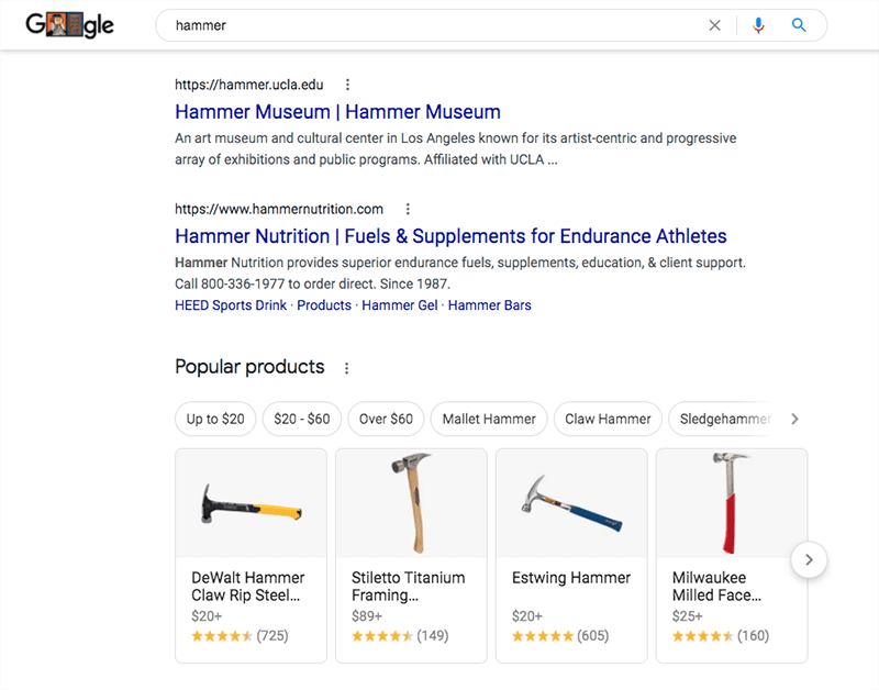 Screenshot of search results for the query "hammer."