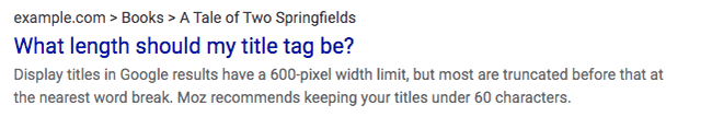 Example of title tag "What length should my title tag be?"