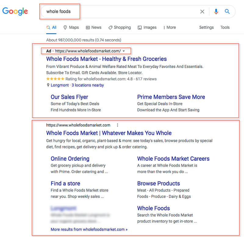 Search engine results page showing an ad and top organic listing for Whole Foods.