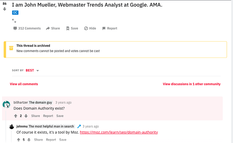 John Mueller's response to a Reddit thread asking if domain authority exists.