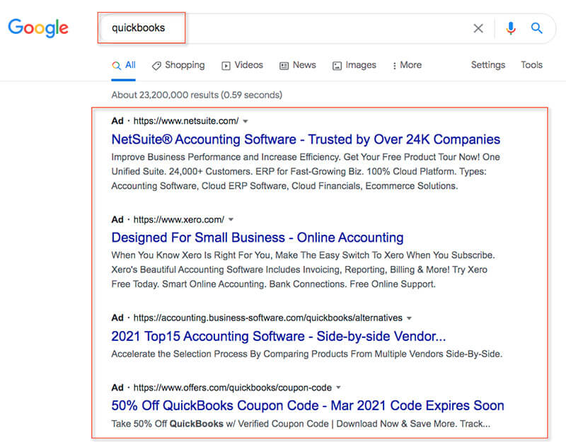 Ads showing for the branded term query "quickbooks."