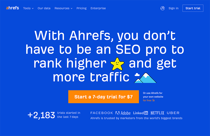 Screenshot of Ahrefs homepage.