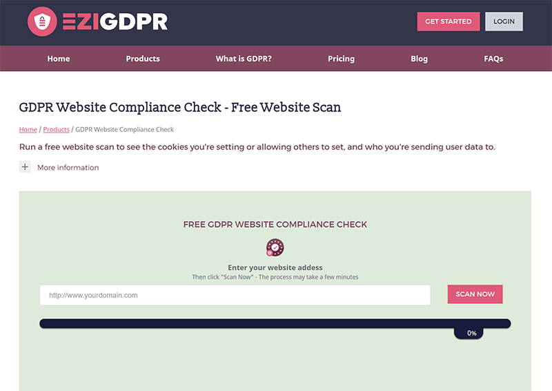 Screenshot of GDPR Website Compliance Check homepage.