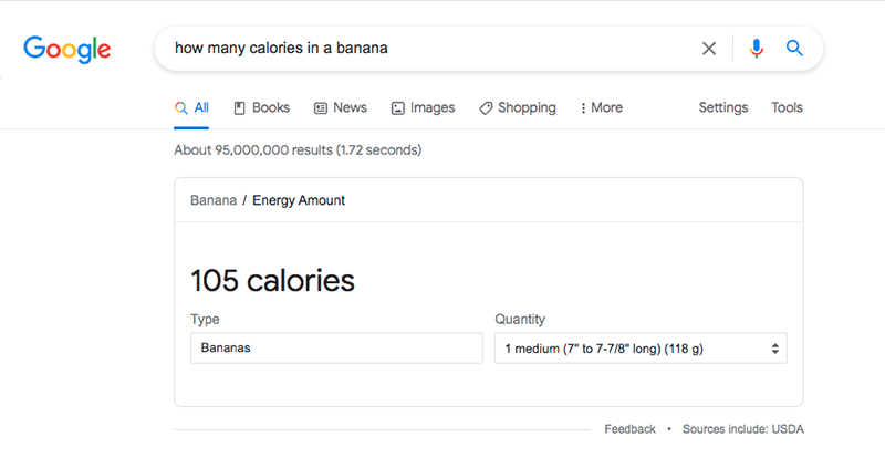 Google answer box (direct answer) in the SERPs for the query “how many calories in a banana.”
