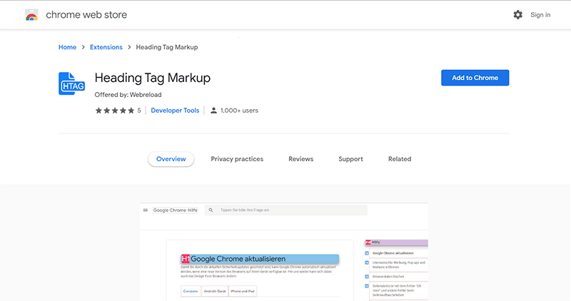 Screenshot of Heading Tag Markup extension.