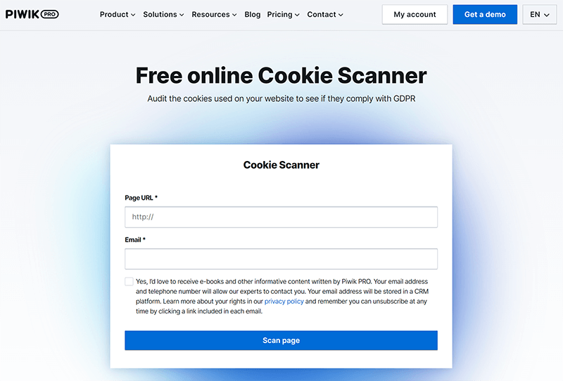 Screenshot of Piwik Pro Cookie Scanner homepage.