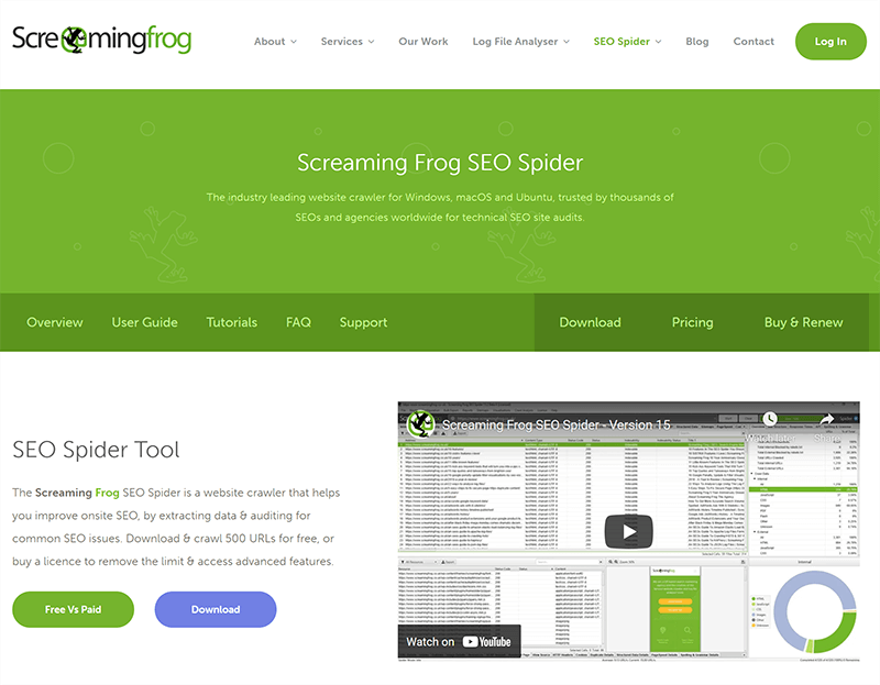 Screenshot of Screaming Frog homepage.