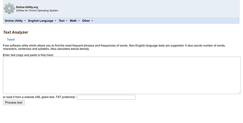 Screenshot of Text Analyzer homepage.