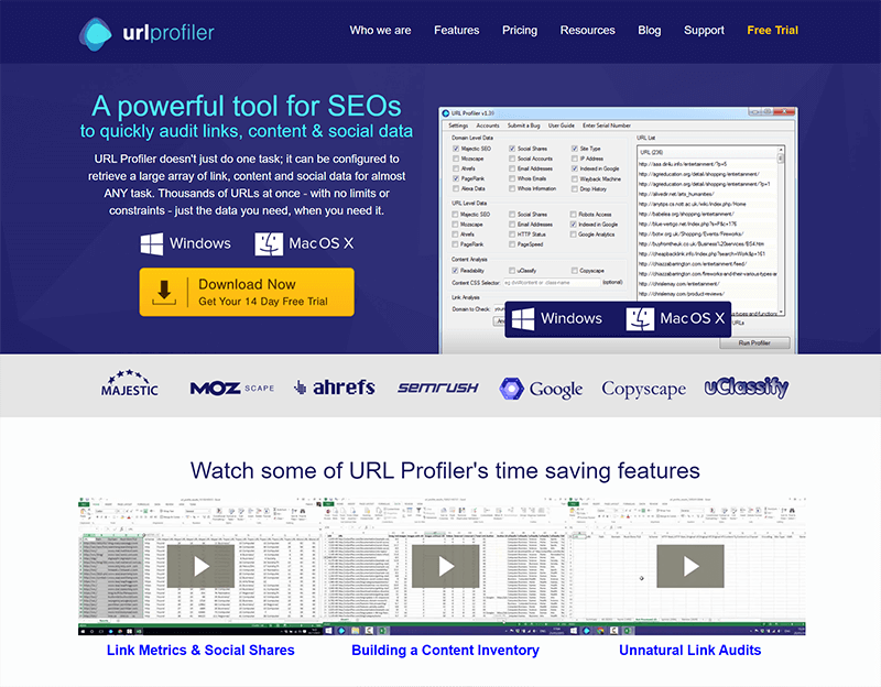 Screenshot of URLProfiler homepage.