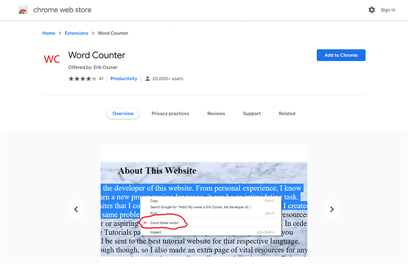Screenshot of Word Counter extension.